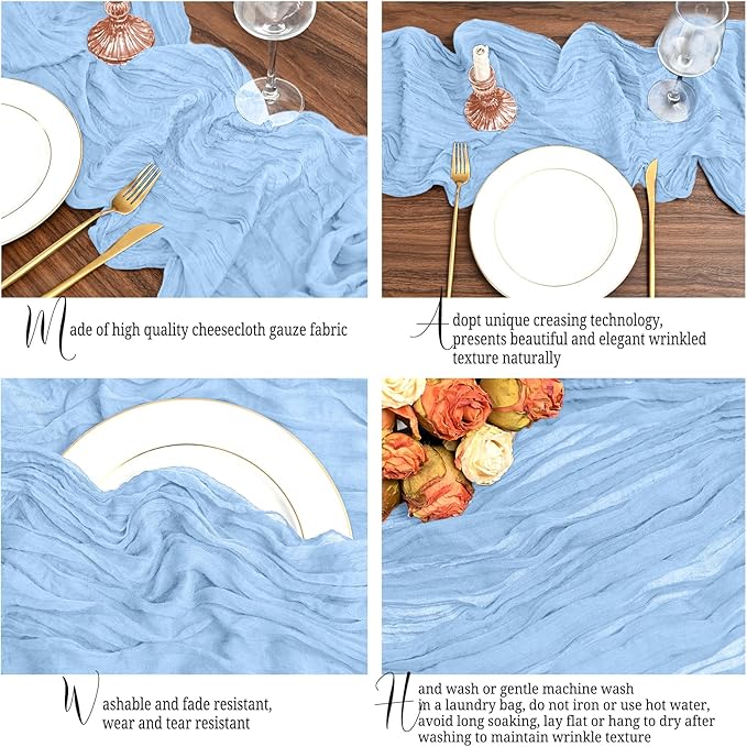 12 Pack Light Blue Table Runner 10Ft Cheesecloth Table Runner Rustic Gauze Table Runners Romantic Long Sheer Fabric Cheese Cloth Table Runners for Wedding Party Bridal Baby Shower
