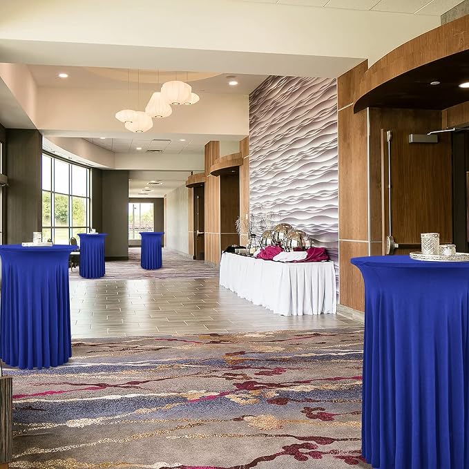 6 Packs Round Cocktail Table Skirt 32"x 43" Spandex Stretch Cocktail Tablecloth with Wavy Drapes, Royal Blue Spandex Fitted High Top Table Covers for Wedding Bar Party Birthday Banquet Tables