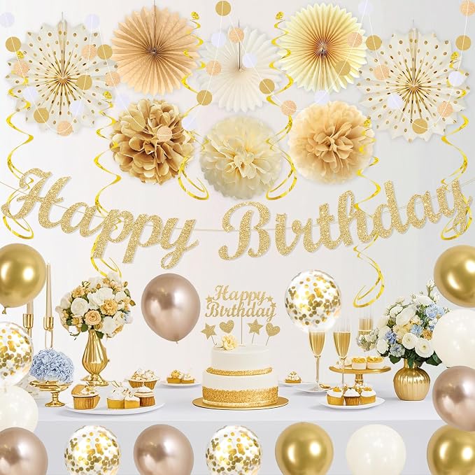 Vlipoeasn Champagne Gold Birthday Party Decorations Set, Happy Birthday Banner Cake Topper Paper Fans Pompoms Latex Balloons Kit, Party Supplies for Women Men Adults Kids Indoor Backdrop Decor