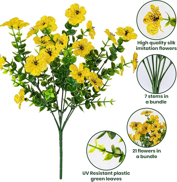 Lnoicy 20 Bundles Artificial Flowers for Outdoor Fake Plants for Spring Decoration,Faux Eucalyptus Flowers for Planter UV Resistant Lifelike for Home Porch Garden（Yellow）