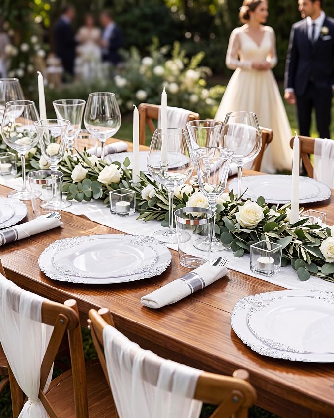 Nervure 350PCS Silver Plastic Plates - Silver Plastic Dinnerware Sets for 50 Guests - 100 Disposable Plates, 150 Silverware, 50 Cups, 50 Napkins for Wedding & Party