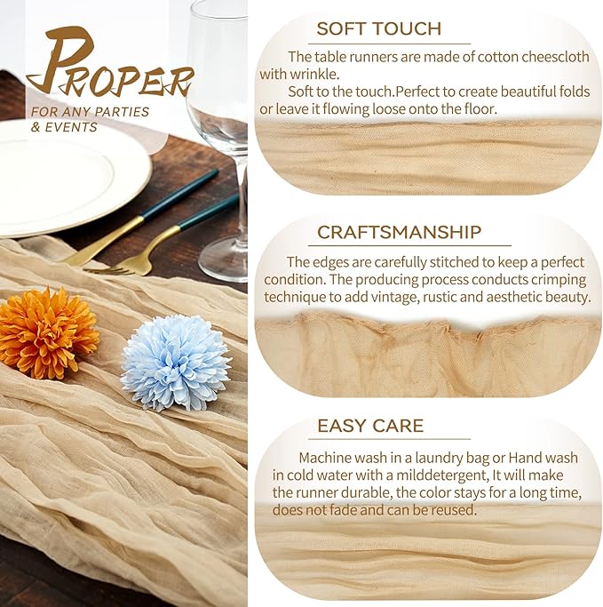 10 Packs Cheesecloth Table Runner Beige, 10Ft Rustic Gauze Boho Wedding Table Runner Decoration, Wedding Table Decor Table Cloth for Wedding Party Bridal Shower Table(35x120 inch)