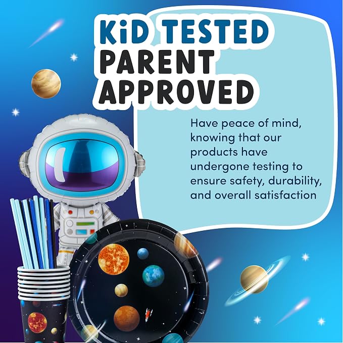 ecoZen Austranaut Birthday Party Decorations - Space Themed Supplies for 16 Guests, Includes Plates, Cups, Napkins, Banner, Cutlery, Balloons, Tablecloth, Straws, Toppers