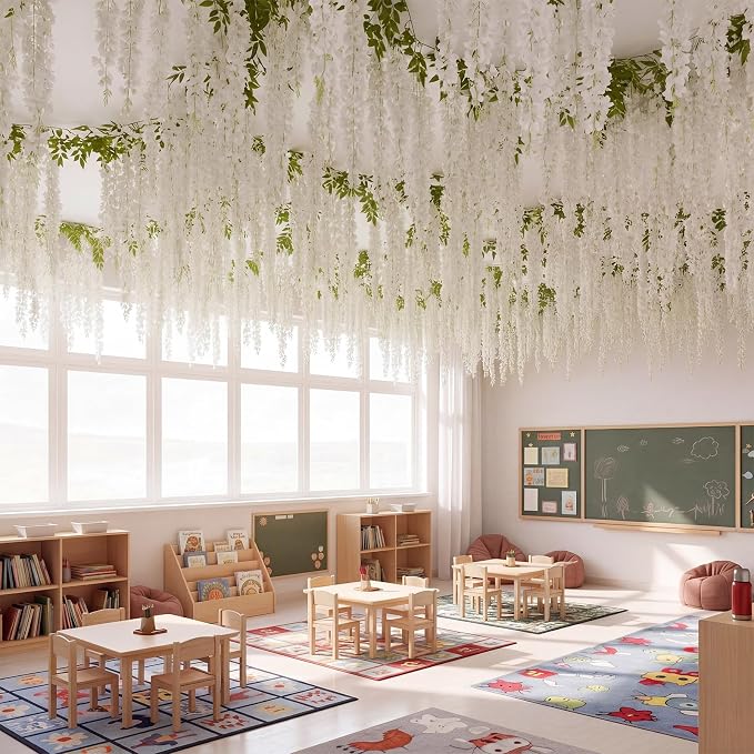 36 Pcs Fairy Party Garland Decorations Set Artificial Wisteria Hanging Flower Garland Wisteria Vines Greenery Whimsical Ceiling Decor for Classroom Wedding Party Indoor Outdoor Garden(White)