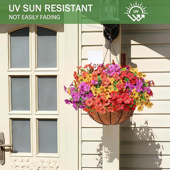 AGIRL 2 Set Artificial Hanging Flowers with Baskets for Outdoors,UV Resistant Fake Hanging Plants for Outdoor Porch Patio Garden, Realistic Silk Flowers for Spring Summer Home Decor