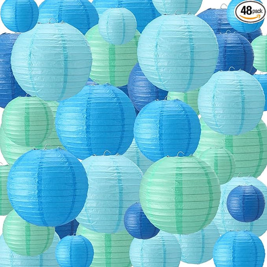Treela 48 Pcs Paper Lanterns Party Decorations Chinese Round Paper Decor 4/6/8/10 Inch Asian Hanging Lamps Decorative for Birthday Party Wedding Bridal New Year Valentine Day Supplies(Blue Series)