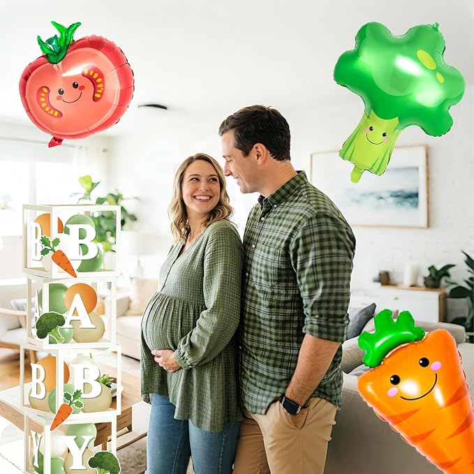 Locally Grown Baby Shower Decorations - Farmers Market Theme Party Supplies Include Balloon Garland Arch, Backdrop, 4 Boxes, 3 Vegetable Foil Balloons - Garden Fresh Veggie Decor Sage Green Neutral