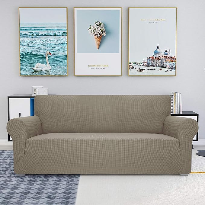 JIVINER High Stretch Couch Covers for 3 Cushion Couch 1-Piece Jacquard Elastic Sofa Slipcovers Anti Slip Sofa Cover with Elastic Bottom Furniture Protector for Kids Pets (Sofa, Khaki)