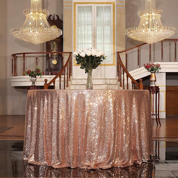 Juya Delight 120-Inch Round Rose Gold Sequin Tablecloth for Wedding Birthday Party Festival Ceremony Dessert Table