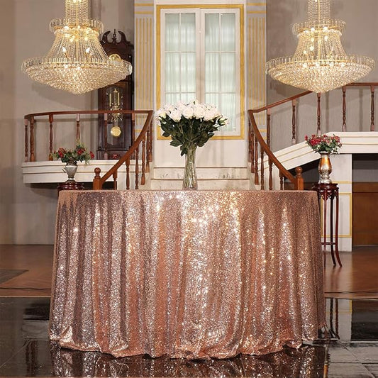 Juya Delight 90'' Round Rose Gold Sequin Tablecloth for Wedding Birthday Party Festival Ceremony Dessert Table