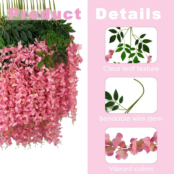 BIRDDIE 48 Pcs of Artificial Wisteria Hanging Flowers, 3.75 Feet Fake Wisteria Flower Strings for Backdrop, Wedding, Ceremony,Garden and Home Wall Decoration (Pink)
