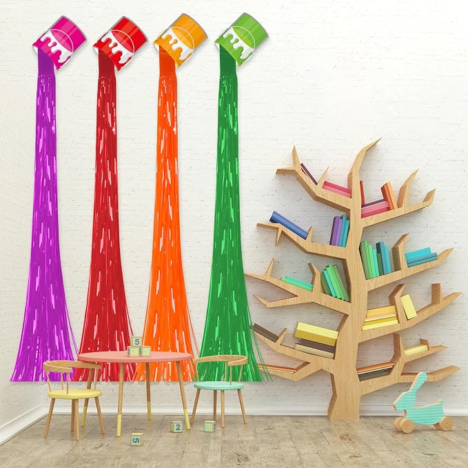 6 Set Art Paint Party Decoration Back to School Paint Cans with Rainbow Foil Fringe Curtains Art Theme DIY Colorful Splatter Backdrop Decoration for Birthday Classroom School Art Party Supplies