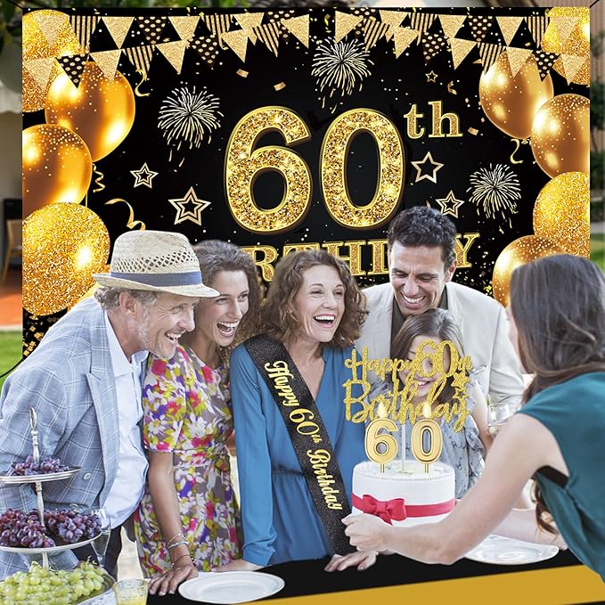 60th Birthday Decorations Men Women with 60th Birthday Banner, Black and Gold Table Cloth, Number Balloons, Large Sash, Cake Topper and Candles