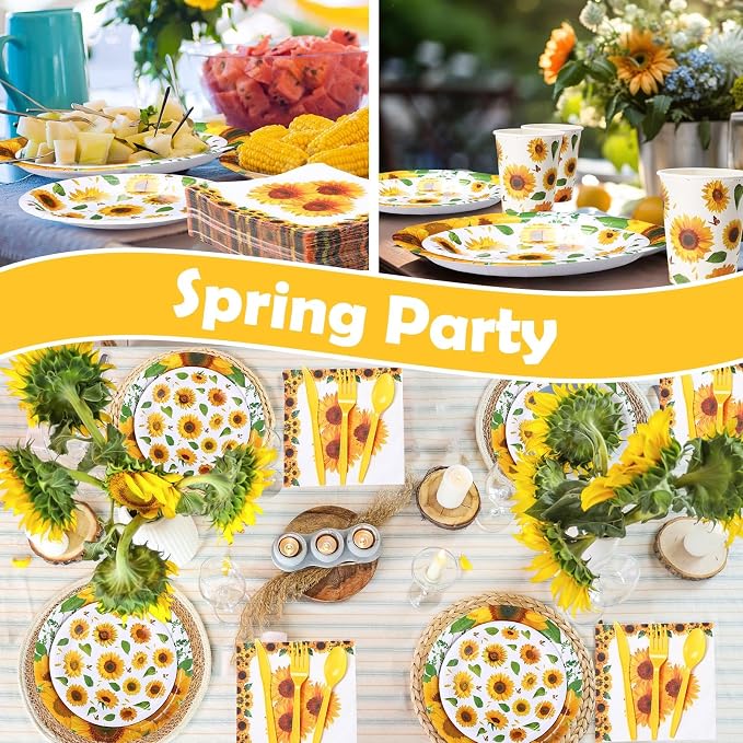 Pickmesh 400 Pcs Sunflower Party Supplies for 50 Guests Disposable Paper Plates Napkins Cups Spoons Forks Knives for Birthday Wedding Bridal Shower Baby Shower Sunflower Table Decorations