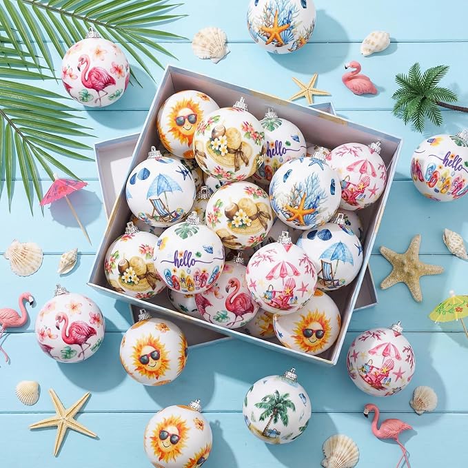 Outus 16 Pcs Summer Tree Ornaments Mini Summer Christmas Decorations for Tree Beach Flamingo Hanging Ornaments Tropical Party Decor for Farmhouse Home Fireplace Luau Holiday Decorative Supplies