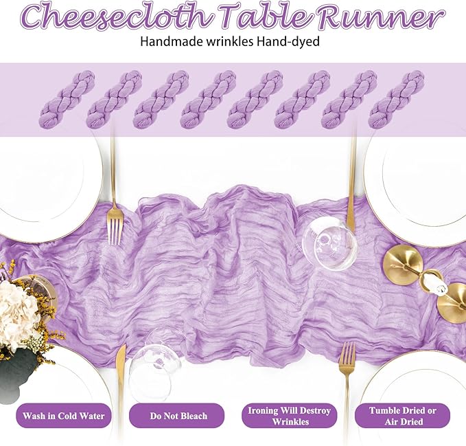 20 Pack Lilac Cheesecloth Table Runner 10FT Long Boho Gauze Fabric Table Runner Vintage Rustic Sheer Runners for Wedding Party Bridal Baby Shower Table Decorations