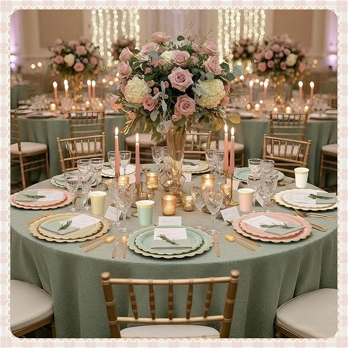 Mimorou 169 Pcs Sage Green and Pink Plates and Napkins Party Supplies Green and Rose Gold Tableware Include Scalloped Plates Paper Napkin Cup Spoon Fork Knife for Baby Shower, Wedding, Birthday