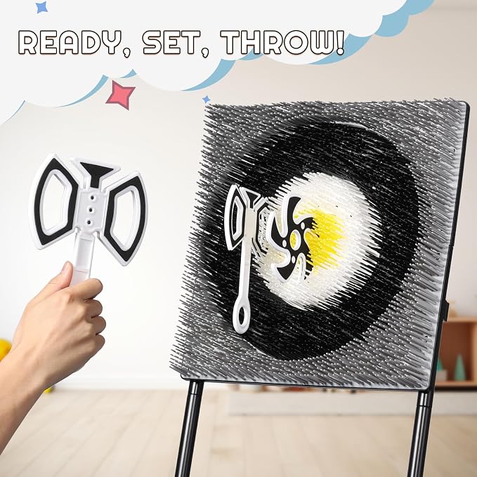 A11N SPORTS Axe Throwing Game with Steel Frame and Bristle Target, Safe Indoor Outdoor Target Game Set, Adjustable Height Yard Game with Axes & Stars for Backyard, Lawn, or Party Play (White/Yellow)