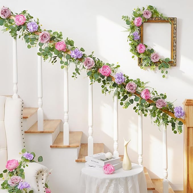 Livole 2Pcs 12 Ft Artificial Flower Garland Fake Pink Rose Peony Floral Garland with Eucalyptus Flower Hanging Vine for Wedding Arch Table Centerpieces Backdrop Party Home Decorations