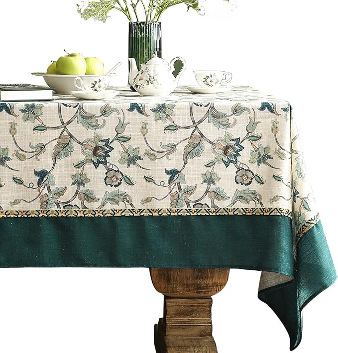 patdrea Vintage French Linen Tablecloth,Rectangular,118"x67"-Noah | Heavyweight Extra Wide Table Cloth for Rectangle Table,Botanical Green Pattern,for Dining Room Tea Party Thanksgiving