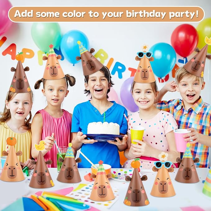 24Pcs Capy Themed Bara Birthday Paper Cone Hats Set Cute Capy Shaped Paper Headwear Party Favors Cute Capy Cone Hats Decorations Cartoon Animal Party Supplies Photo Props for Birthday Baby Shower