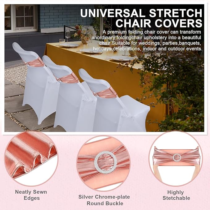 Preboun 50 Pack White Folding Chair Cover Set with 25 Spandex Chair Slipcovers 25 Sequin Chair Sashes Bow Washable Chair Protector Chair Cover for Party Wedding Banquet Event(White, Rose Gold)