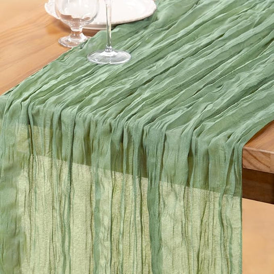 DeZerlor Sage Green Cheesecloth Table Runner Spring Easter Table Runner Boho Gauze 120 Inches Sage Cheese Cloth Table Decor for Wedding Bridal Baby Shower Parties