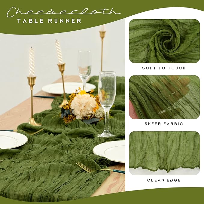 12 Pack Cheesecloth Table Runner 35 x 120 inch Long Boho Cheese Cloth Gauze Table Runners Semi Sheer Table Runner for Wedding Decor, Bridal Shower, Birthday Party (Olive Green)