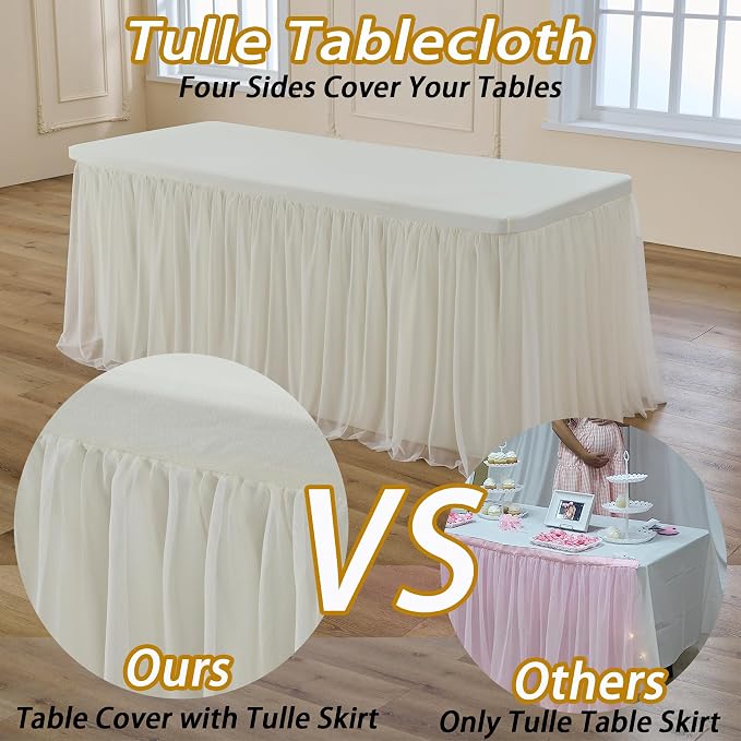 leegleri 4 pk 8ft Ivory Tulle Tablecloth for Rectangle Tables, 2-in-1 Cream Table Covers with Tulle Skirt,Wrinkle Free Stretchy Ruffle Tulle Table Cloths Fitted for Wedding Party Banquet Vendor