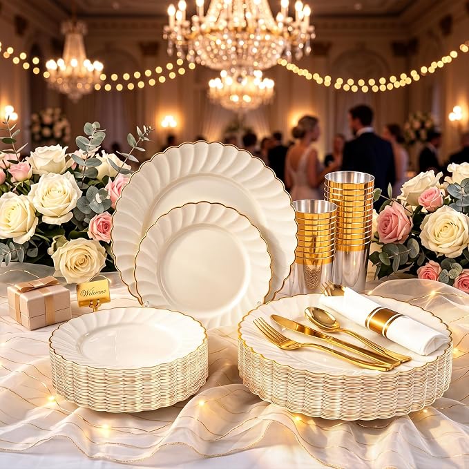 YOUBET 350PCS Ivory Scalloped Plastic Plates - Ivory and Gold Disposable Dinnerware Set Include 100 Plates, 150 Gold Silverware, 50 Cups, 50 Napkins for Wedding & Party