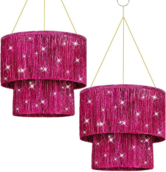 Novabright 2 Pcs 2 Tier Fringe Tinsel Chandelier Foil Iridescent Tassels Trim Shiny Hanging Disco Ball Ceiling Decor for Wedding Anniversaries Birthday 1920s Themed Party (Hot Pink)