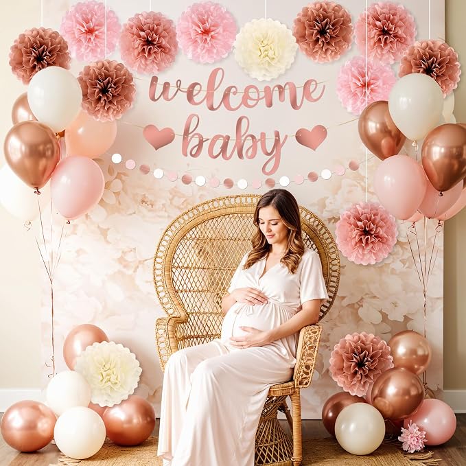 Kriyokiaa 15 Pcs Baby Shower Decorations for Girl Dark Rosegold Baby Shower Decorations with Welcome Baby Banners Paper Flower Pom Poms Perfect for Indoor & Outdoor Celebrations