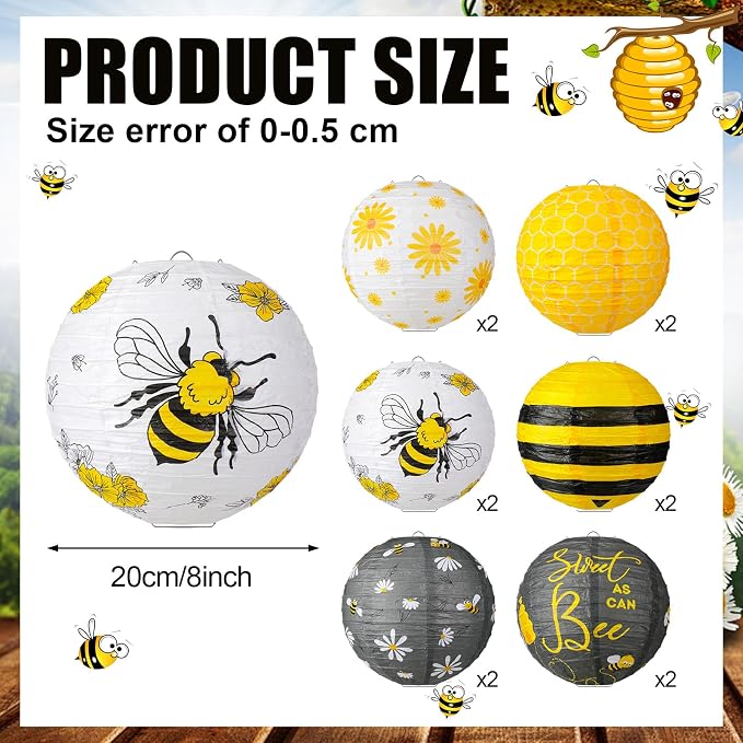 Panelee 12 Pcs Bee Party Decorations Paper Lanterns 8 Inch Hanging Round Hanging Paper Party Decorations for Holiday Indoor Outdoor Supplies