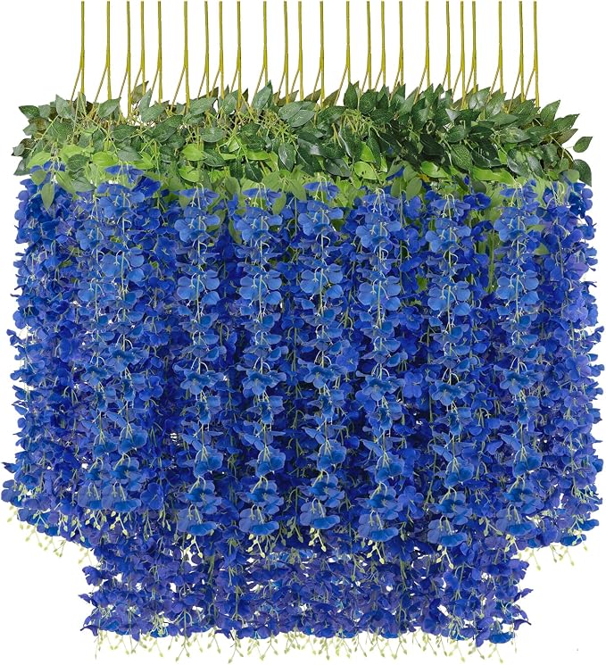 U'Artlines 24 Pack (Total 86.4 Feet) Artificial Fake Wisteria Vine Rattan Hanging Garland Silk Flowers String Home Party Wedding Decor (24, Navy Blue)