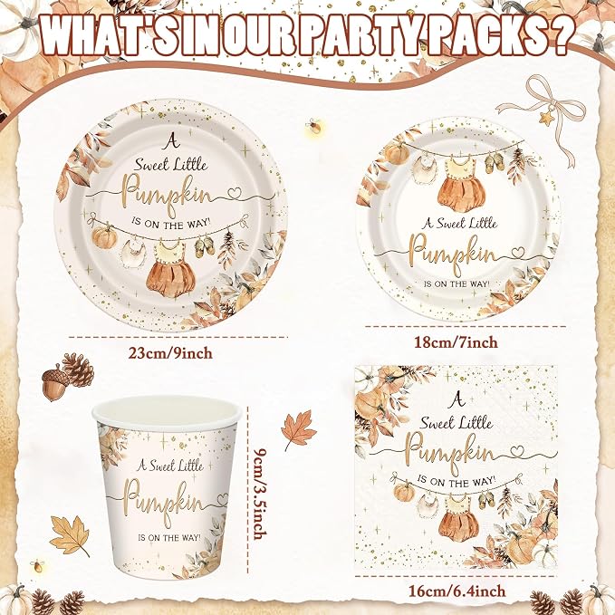 168 Pcs Fall Baby Shower Decorations Pumpkin Cloth Party Supplies A Sweet Little Pumpkin Is on the Way Tableware Set Disposable Paper Plates Cups Utensils for Baby Shower Party Serve 24