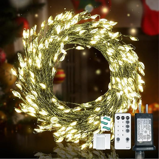 Dailyart Fairy Lights Plug in, 300 Led Warm Twinkle Fairy Lights with Remote Timer 26Ft 8 Modes Cluster Lights for Bedroom Garland Wreath Party Window Wedding Christmas Tree Decoration Green Wire