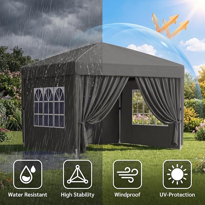 KIGOTY 10x10 FT Portable Pop Up Canopy Tent, Adjustable Height Instant Gazebo with Sidewalls, One-Push Setup Outdoor Canopy for Camping, Parties, Vendor Events (Grey with Reflective Strip, 3m × 3m)