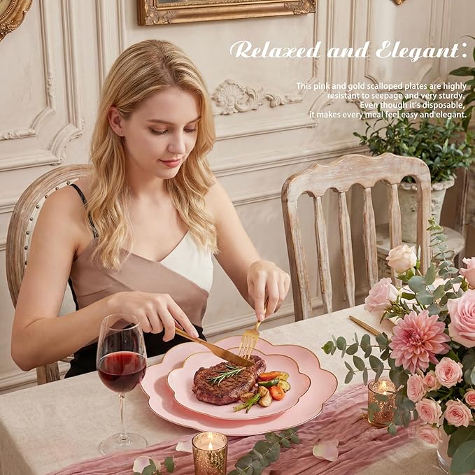 supernal 60pcs Pink Scalloped Plastic Plates with Gold Rim,Heavy Duty Plastic Disposable Plates Includes:30 Dinner and 30 Dessert Plate Perfect for Wedding, Bridal Shower, Mother's Day&Parties