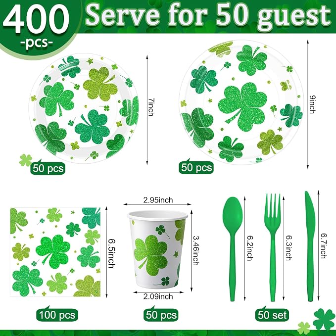 Pickmesh 400 Pcs St. Patrick's Day Party Plates and Napkin Decoration Lucky Shamrock Paper Tableware Cups Knives for Wedding Green Shamrock Themed Irish Festival Party Supplies Serve 50
