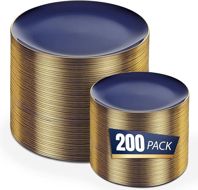bUCLA 200PCS Blue Plastic Plates - Navy Blue Disposable with Gold Rim Include 100 Each (10 inch Dinner & 7 inch Dessert) Plates, Ideal for Party & 4th of July
