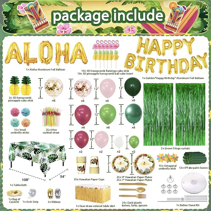 UJOYANT 323 Luau Party Decorations, Hawaiian Party Decorations Kit For Adults - "ALOHA"&"HAPPY BIRTHDAY" Banner, Balloons, Cake Topper, Straws, Table Skirt, Dinnerware Set For 25 Guests