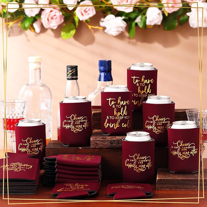 Qinyoung 50 Pieces Burgundy Wedding Can Cooler Sleeves Bulk Engagement Party Favors for Guests Cheers to Love Laughter and Happily Ever After Rehearsal Dinner Decorations for Wedding Bridal Parties