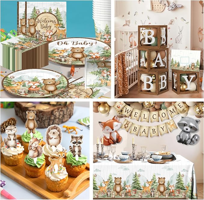 Woodland Baby Shower Decorations,273pcs Woodland Animals Baby Shower Plates and Napkin Sets Banner Backdrop Tablecloth Cake Topper Box Balloon Garland for Forest Birthday Decorations