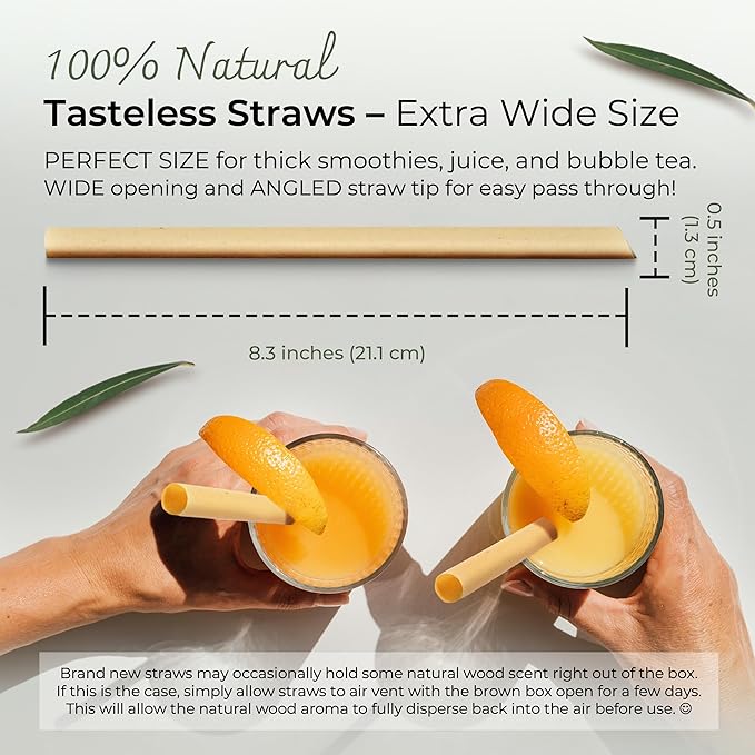 EcoPreps Biodegradable Jumbo Smoothie Straws, Sugarcane Boba Straws - 200 PCS, Extra Wide, 100% Compostable, Plastic-Free, Eco-Friendly Large Wide-Mouthed Straw - 8.25" Long Sugarcane Disposable Straw
