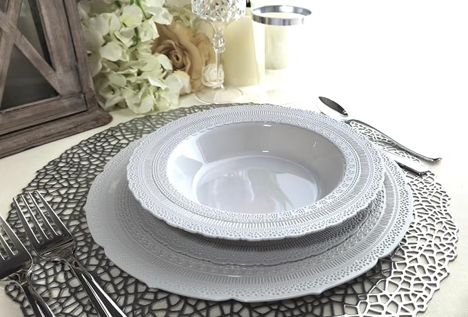 " OCCASIONS " 240 Plates Pack,(120 Guests) Extra Heavyweight Vintage Wedding Disposable/Reusable Plastic Plates 120x11'' Dinner + 120x8.25'' Salad/Dessert Plate (Chateau Light Gray)