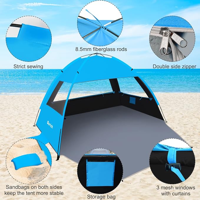Gorich Beach Tent Sun Shelter for 3/4/6/8/10 Person with UPF 50＋ UV Protection, Lightweight & Easy Setup Beach Shade Canopy, Portable Beach Shade Tent Beach Cabana