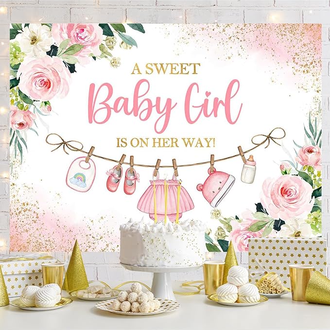 5x3ft Cute Clothes Baby Shower Backdrop for Girls a Sweet Baby Girl is on The Way Newborn Kids Pink Floral Gold Dots Baby Shower Party Decorations Banner Supplies Photo Booth Props