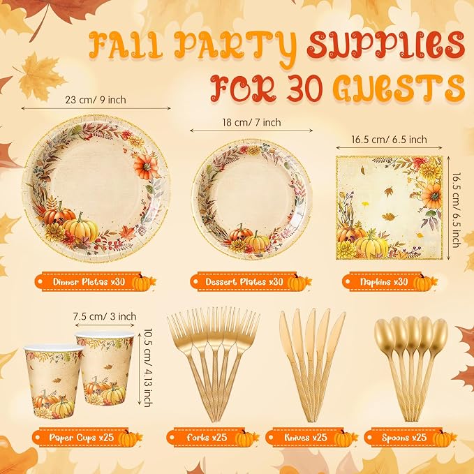 Honeydak 210 Pcs Fall Party Supplies for 30 Guests, Includes Plates, Cups, Napkins, Cutlery - Autumn Pumpkin Maple Tableware Decoration for Thanksgiving, Fall Harvest Party