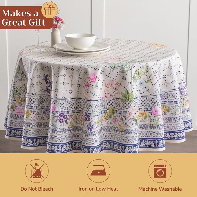 Maison d' Hermine Table Cloth Round Table 100% Cotton 63 Round Inches Tablecloth Reusable Decorative for Dining Kitchen Room Farmhouse Party Home Hotel Restaurant Spring Summer - Faience
