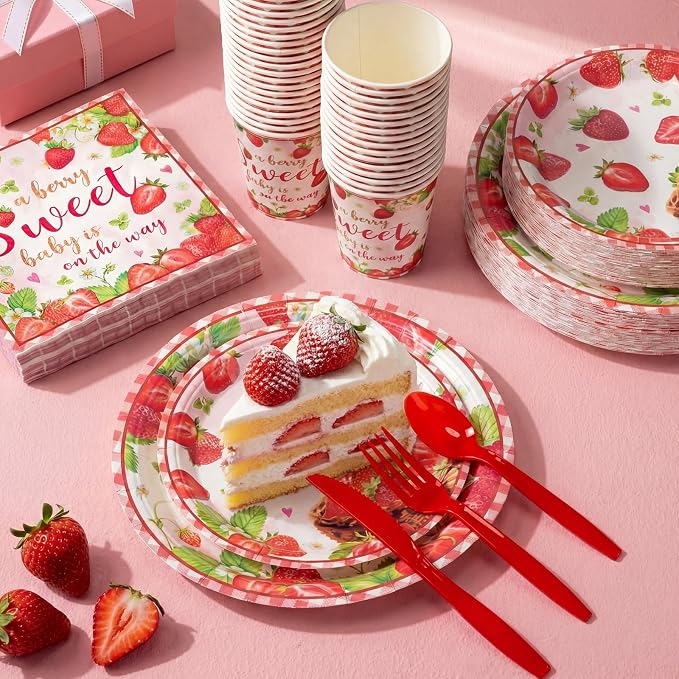 Ziliny 350 Pcs Sweet Baby Shower Party Supplies a Berry Sweet Baby Is on the Way Tableware Set Strawberry Disposable Plates Napkins Paper Cup Plastic Cutlery Serves 50